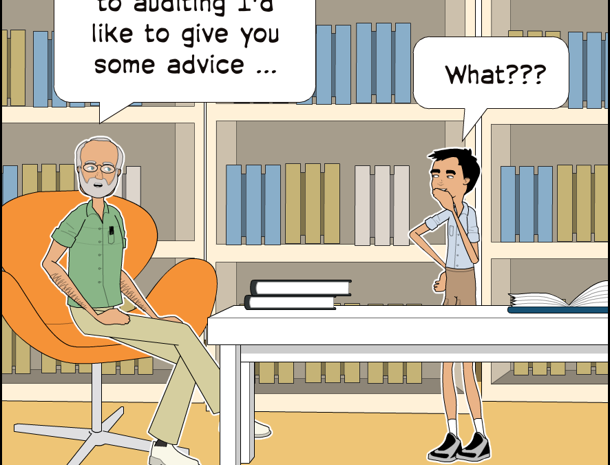 Cartoon of old man speaking to young man
